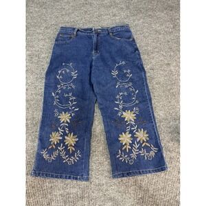 24 Karat Floral Embroidered Wide Leg Crop Jeans Blue Denim Womens Size 10 Boho